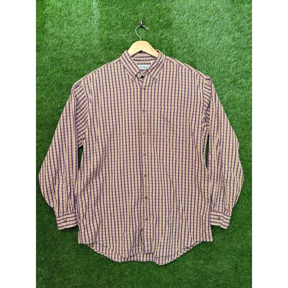 LL Bean Mens Large Tall Plaid Button Down Shirt Cotton Burgundy Yellow